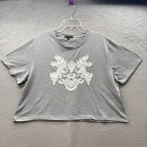 Alberto Makali Crop Top Blouse Embroidered Lace Gray White Short Sleeve Size XL